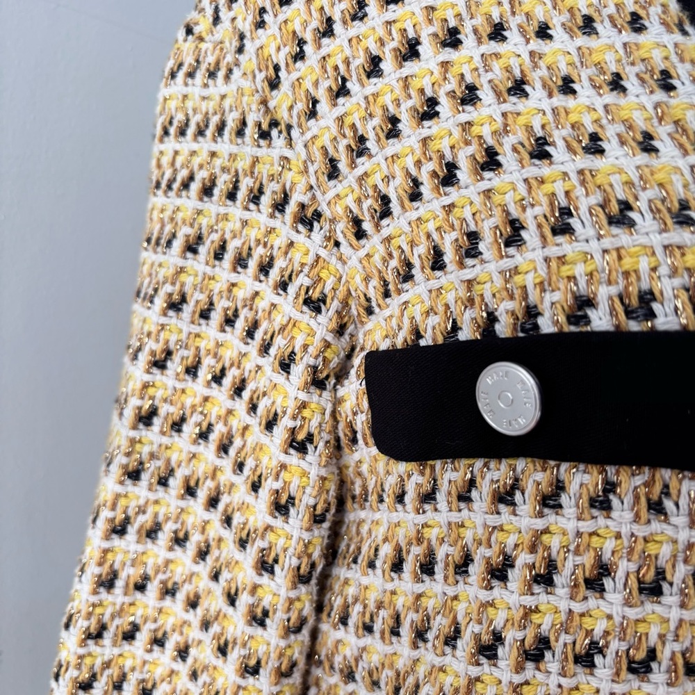 Maje Metallic Cotton Blend Tweed Jacket Button Front Pockets Black Yellow Trim - Picture 6 of 9